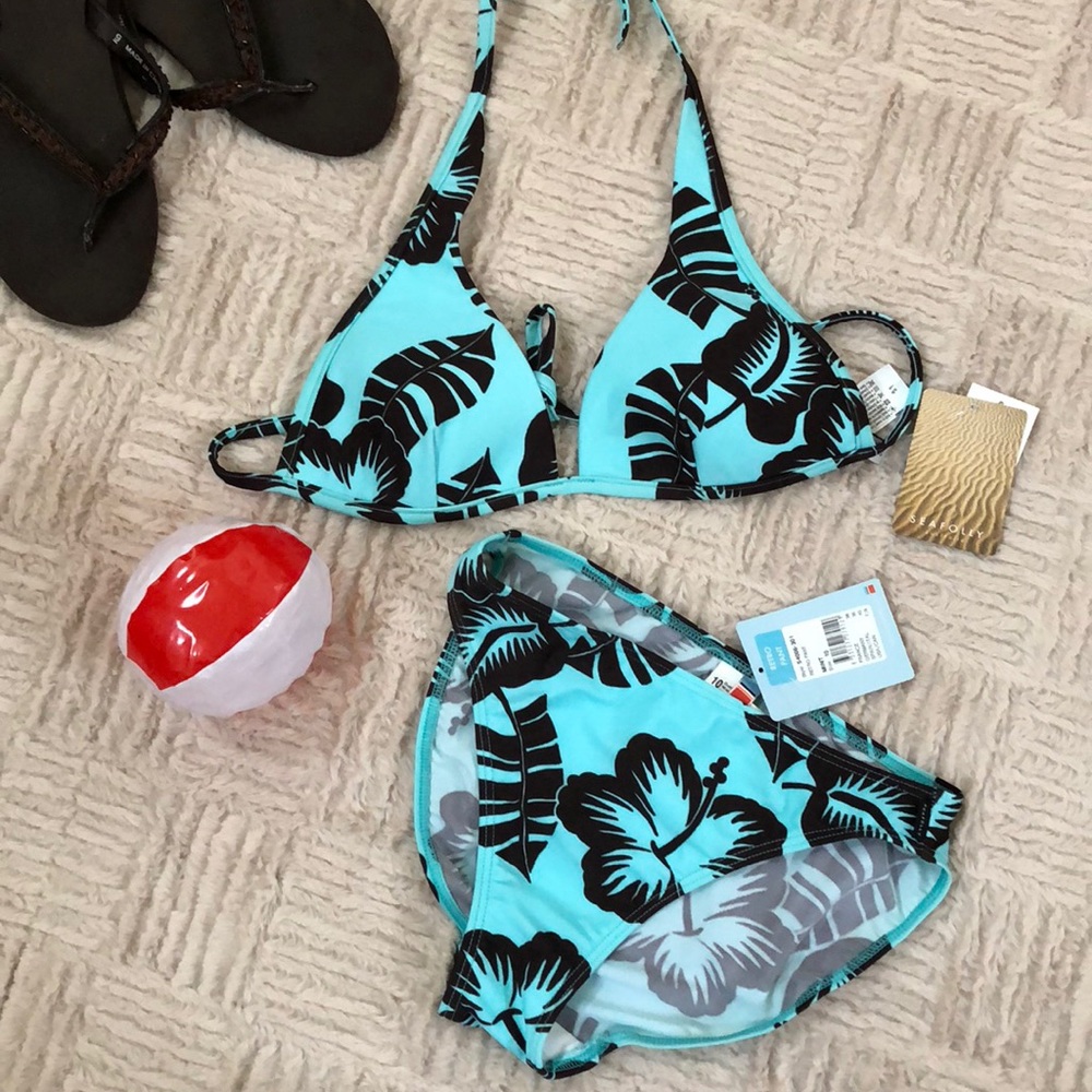Seafolly bikini NWT mint & brown tropical print Size 7/8
